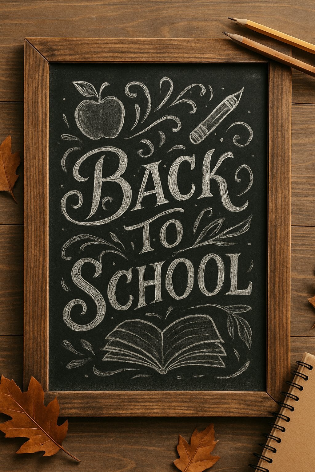 A wooden framed chalkboard sign with artistic lettering surrounded by autumn leaves and school supplies on a natural background.