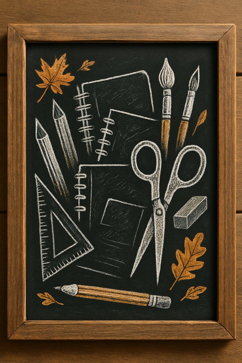 A wood framed chalkboard displaying detailed chalk drawings of school supplies like pencils, rulers, and notebooks arranged neatly on the board.
