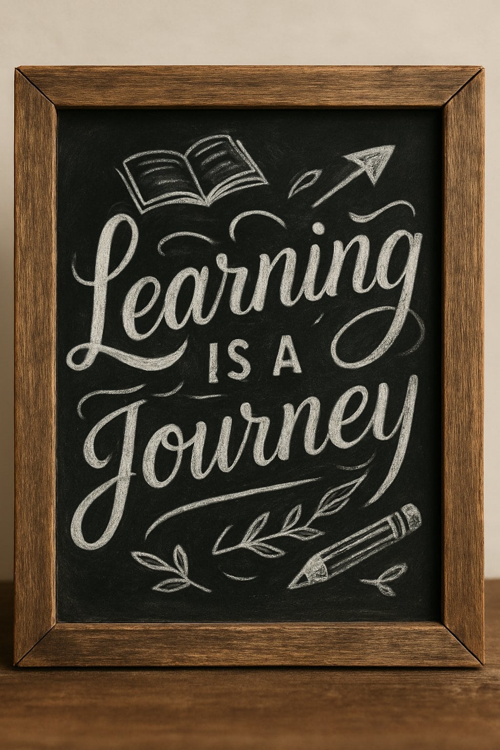 A wood-framed chalkboard sign with artistic chalk drawings and decorative doodles related to learning and school.