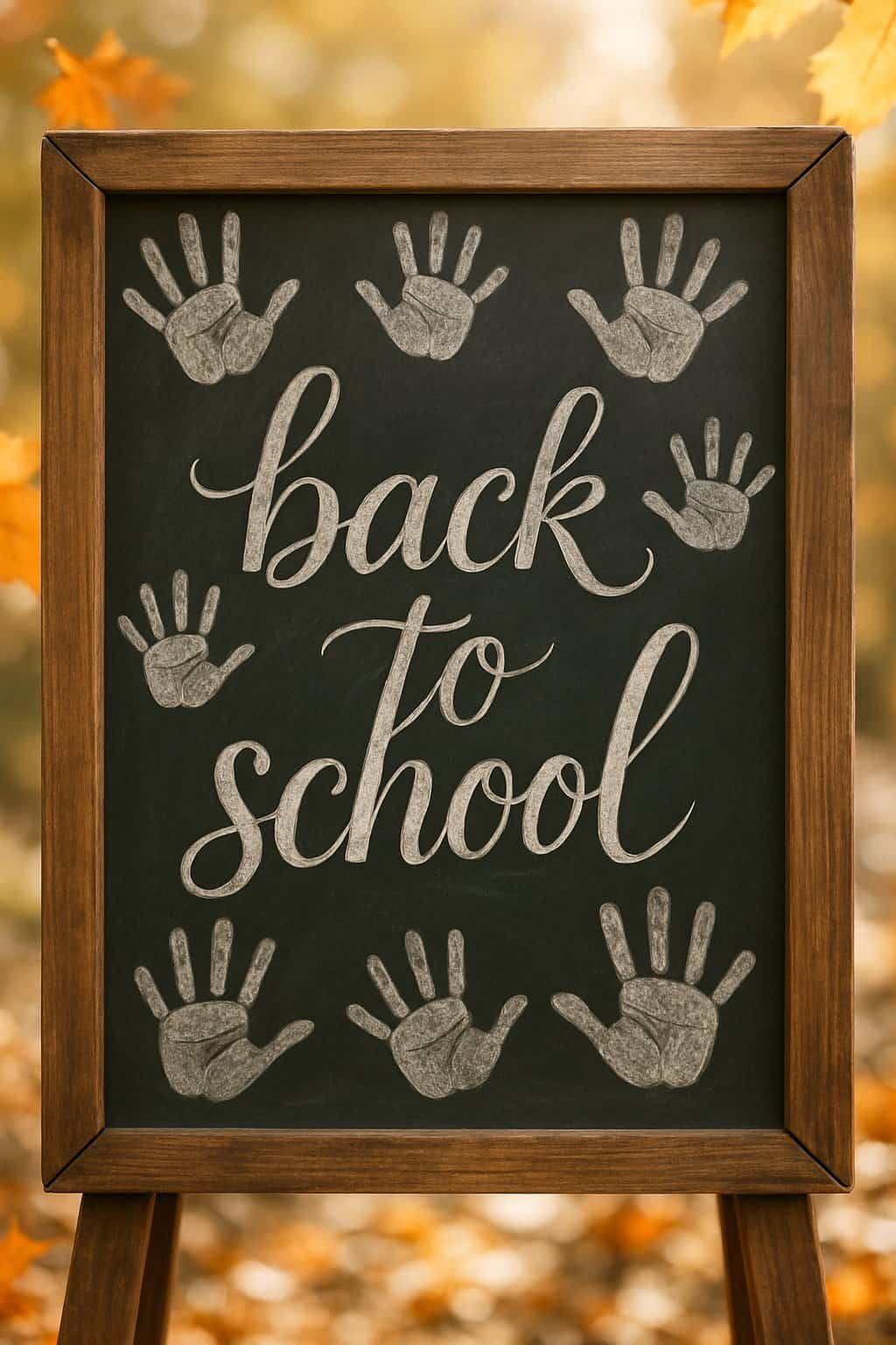 A wood-framed chalkboard with white chalk handprints around the edges and seasonal autumn leaves in the background.