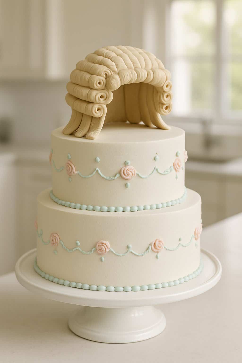 Two-tier cake with an edible judge's wig decoration on a cake stand in a bright home kitchen.