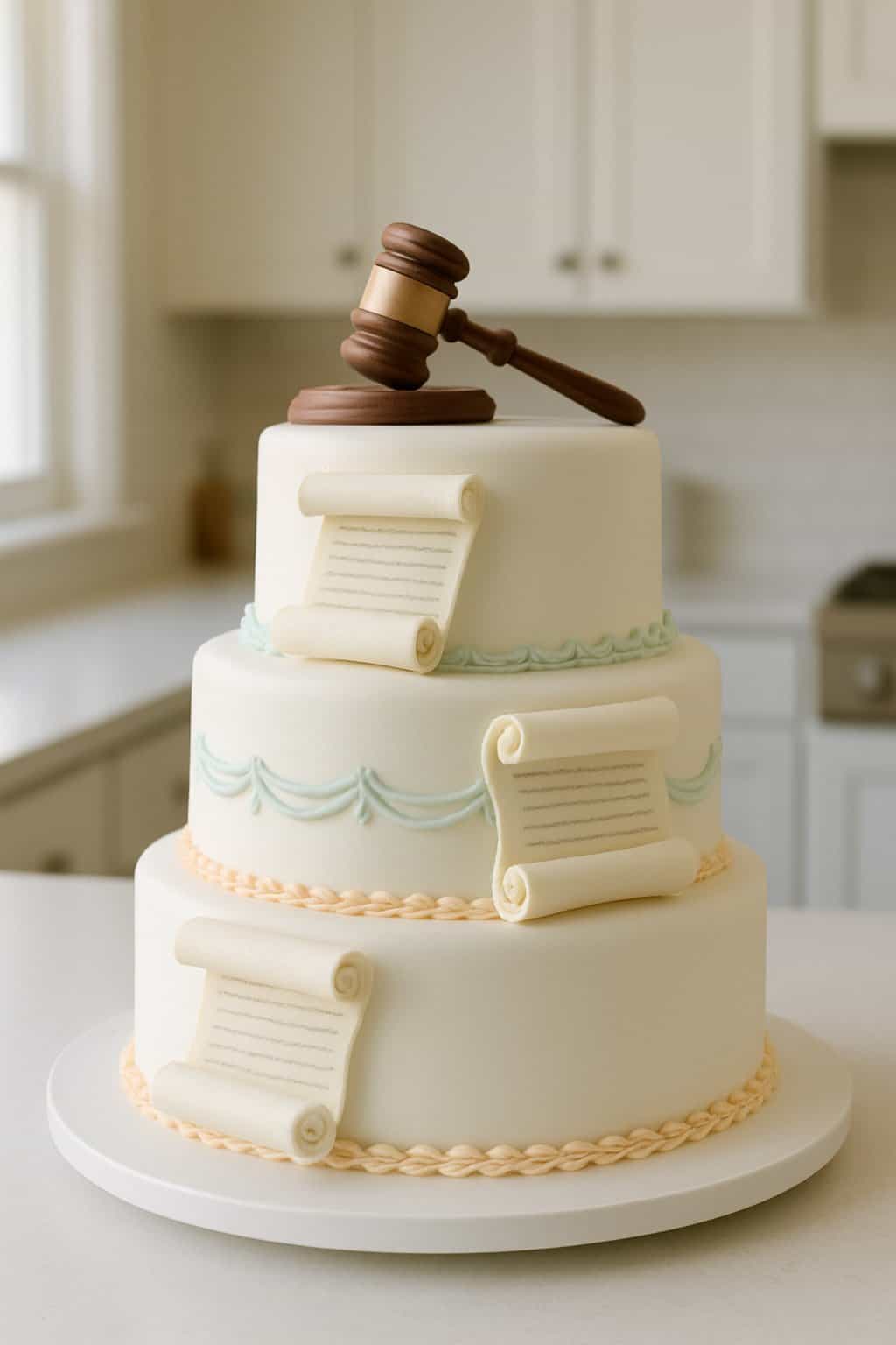 A three-tier cake decorated with edible scroll designs on a white cake stand in a bright home kitchen.