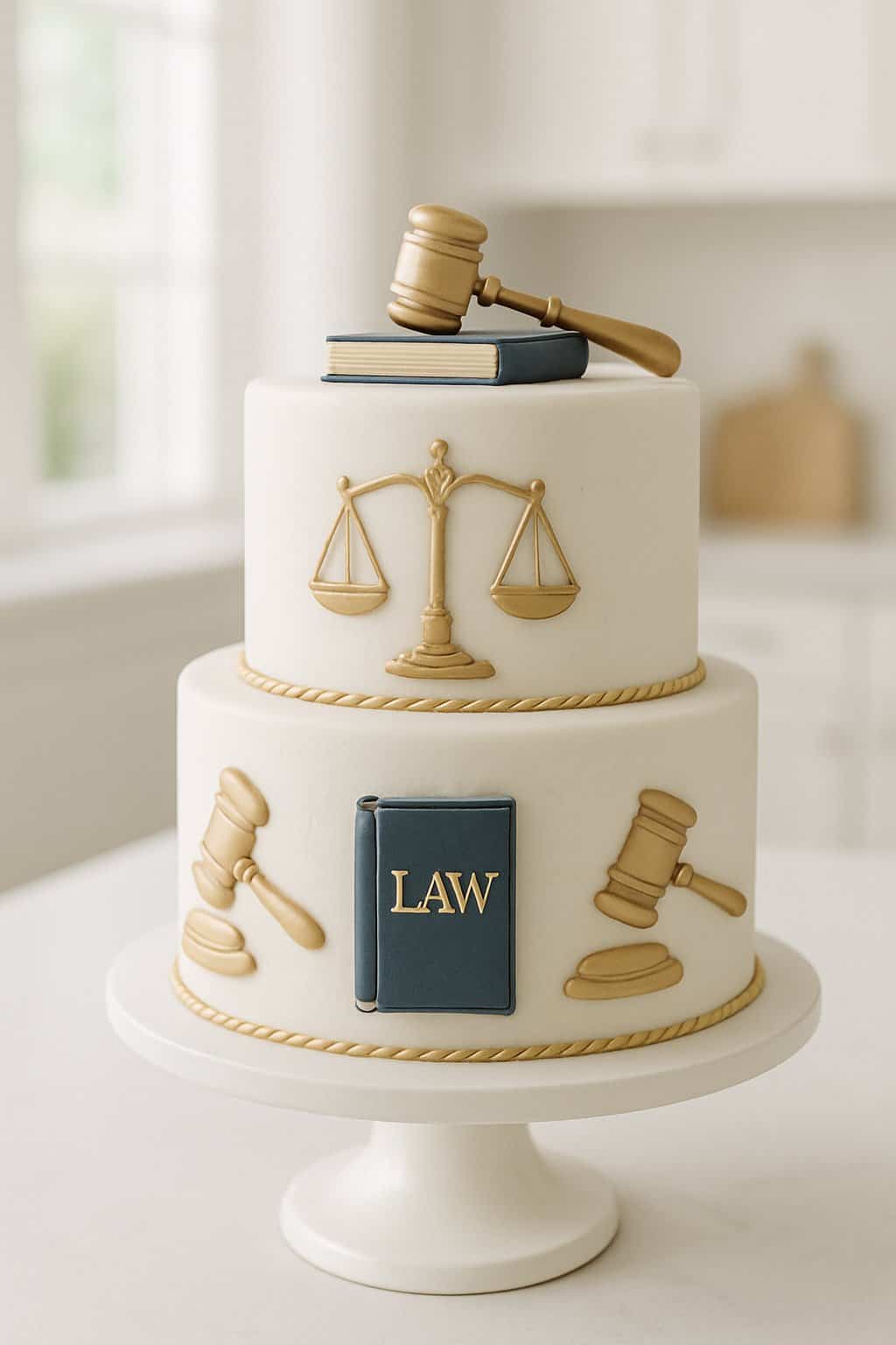 Two-tier cake decorated with legal symbols on a white cake stand in a bright home kitchen.