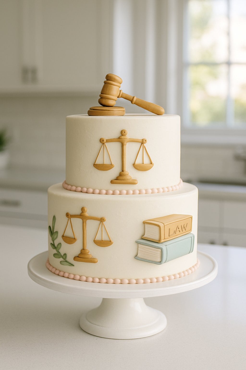 Two-tier cake with white fondant and legal-themed decorations on a cake stand in a bright home kitchen.