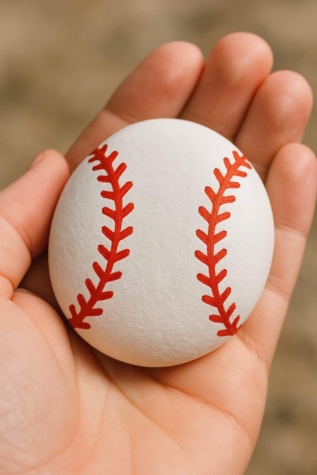 A hand holding a smooth river rock painted with a red baseball stitch pattern on a white background.