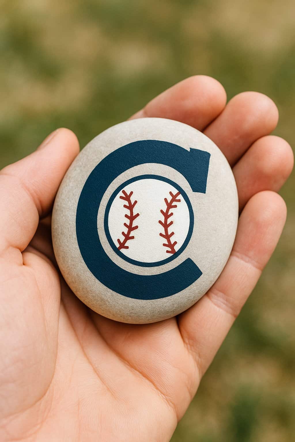 A hand holding a smooth river rock painted with a simple baseball-themed design.
