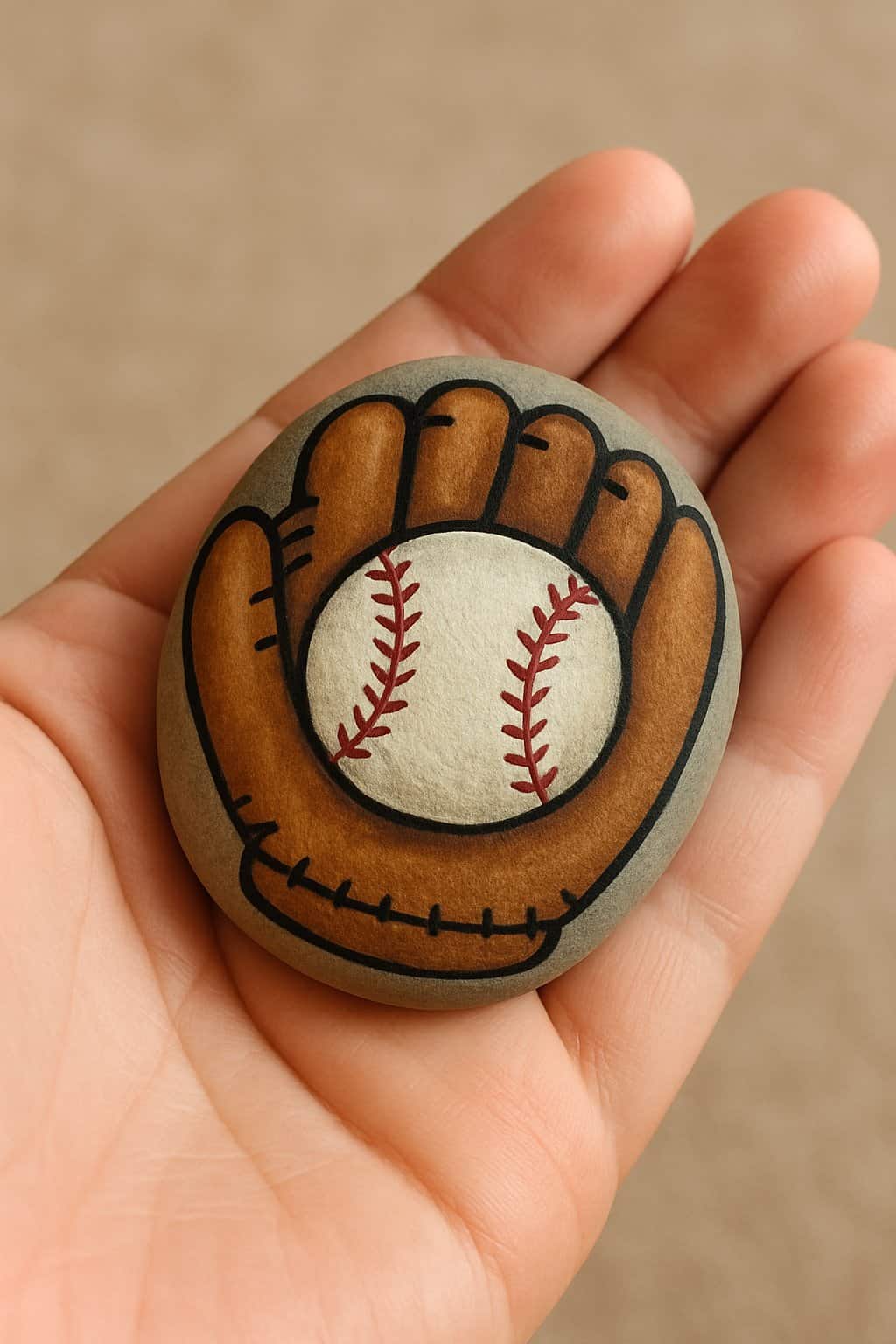 A hand holding a smooth river rock painted to look like a baseball glove holding a baseball.
