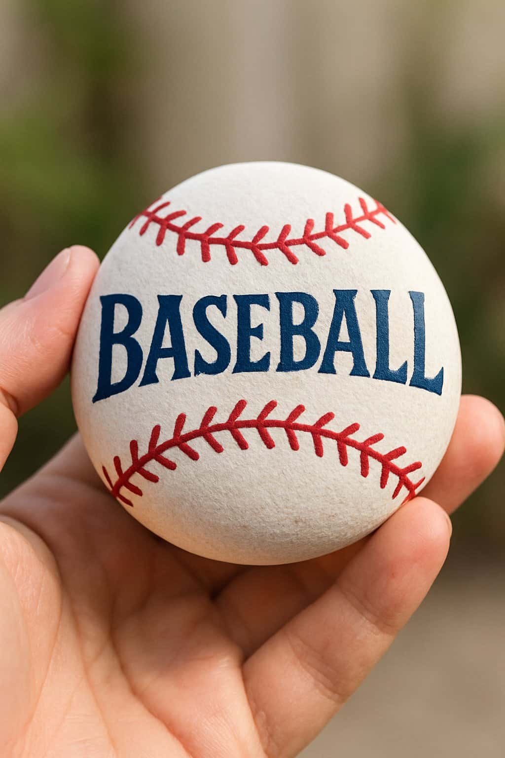 A hand holding a smooth river rock painted with a baseball-themed design.