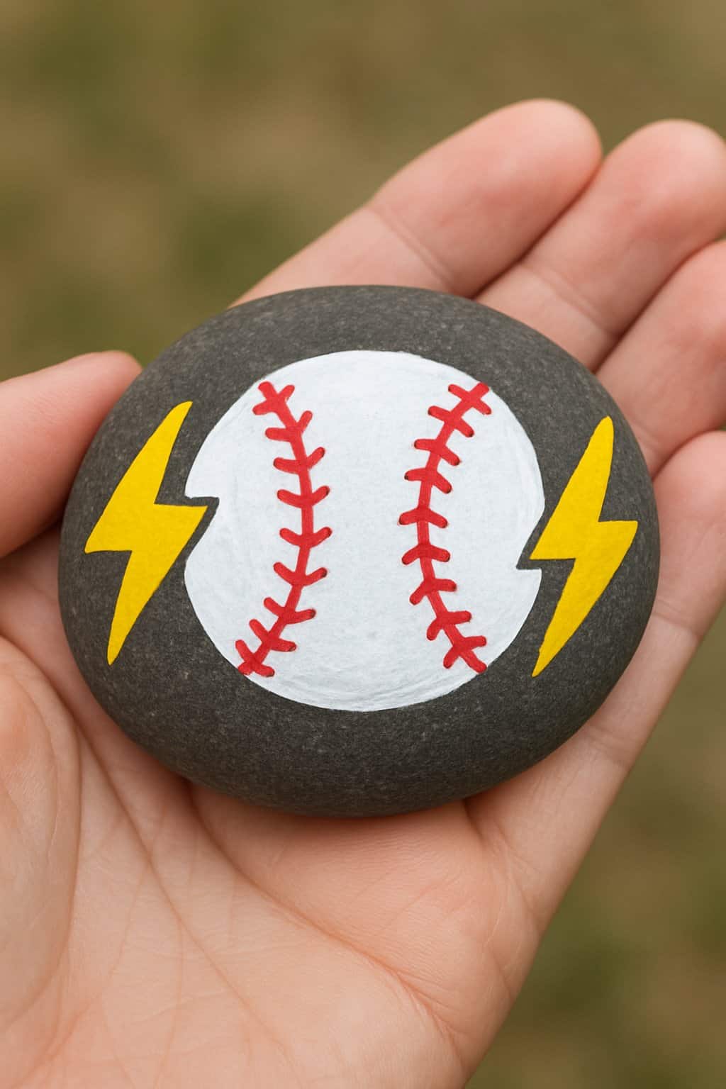 A hand holding a smooth river rock painted with a baseball and lightning bolts design.