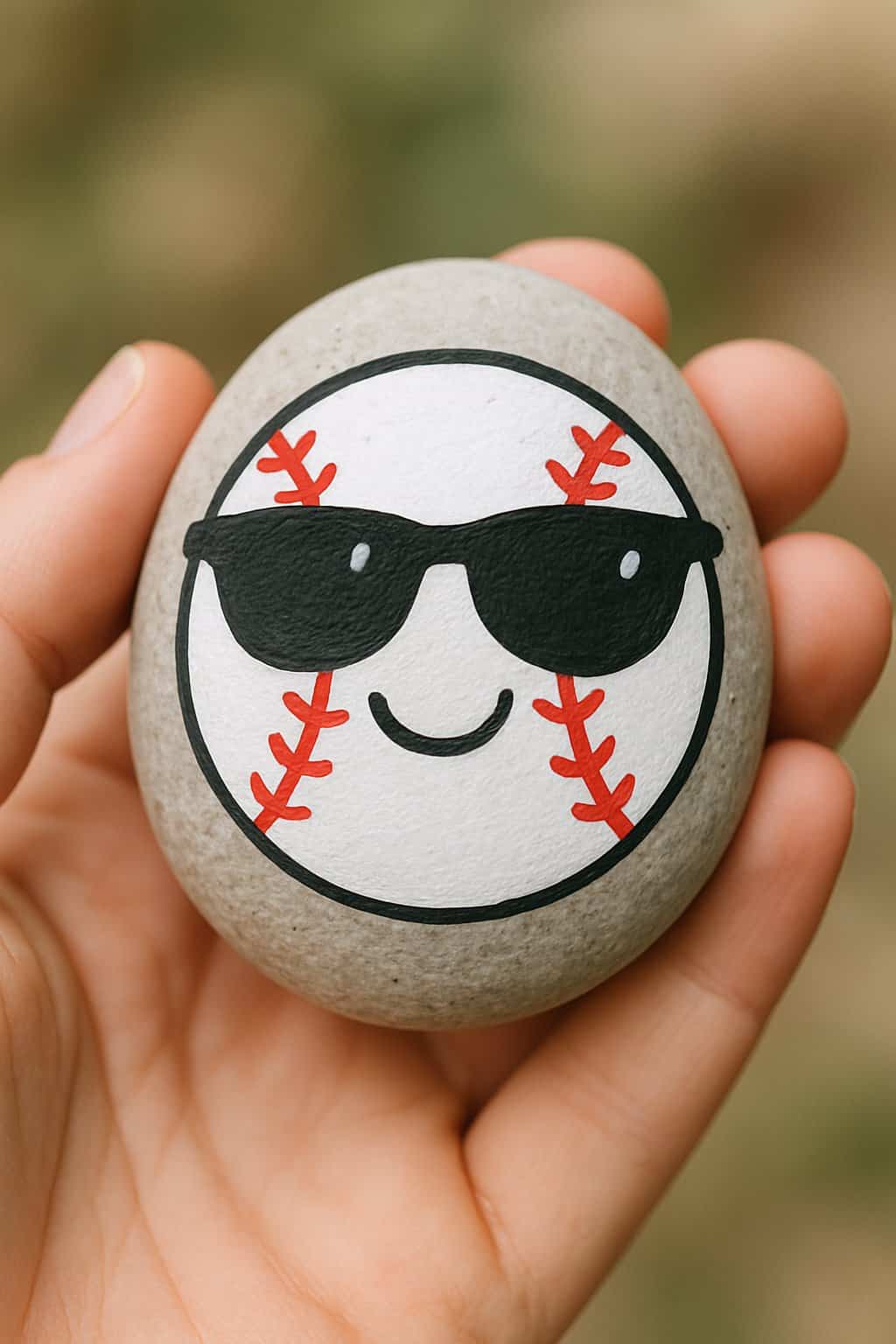 A hand holding a smooth river rock painted with a baseball wearing sunglasses.