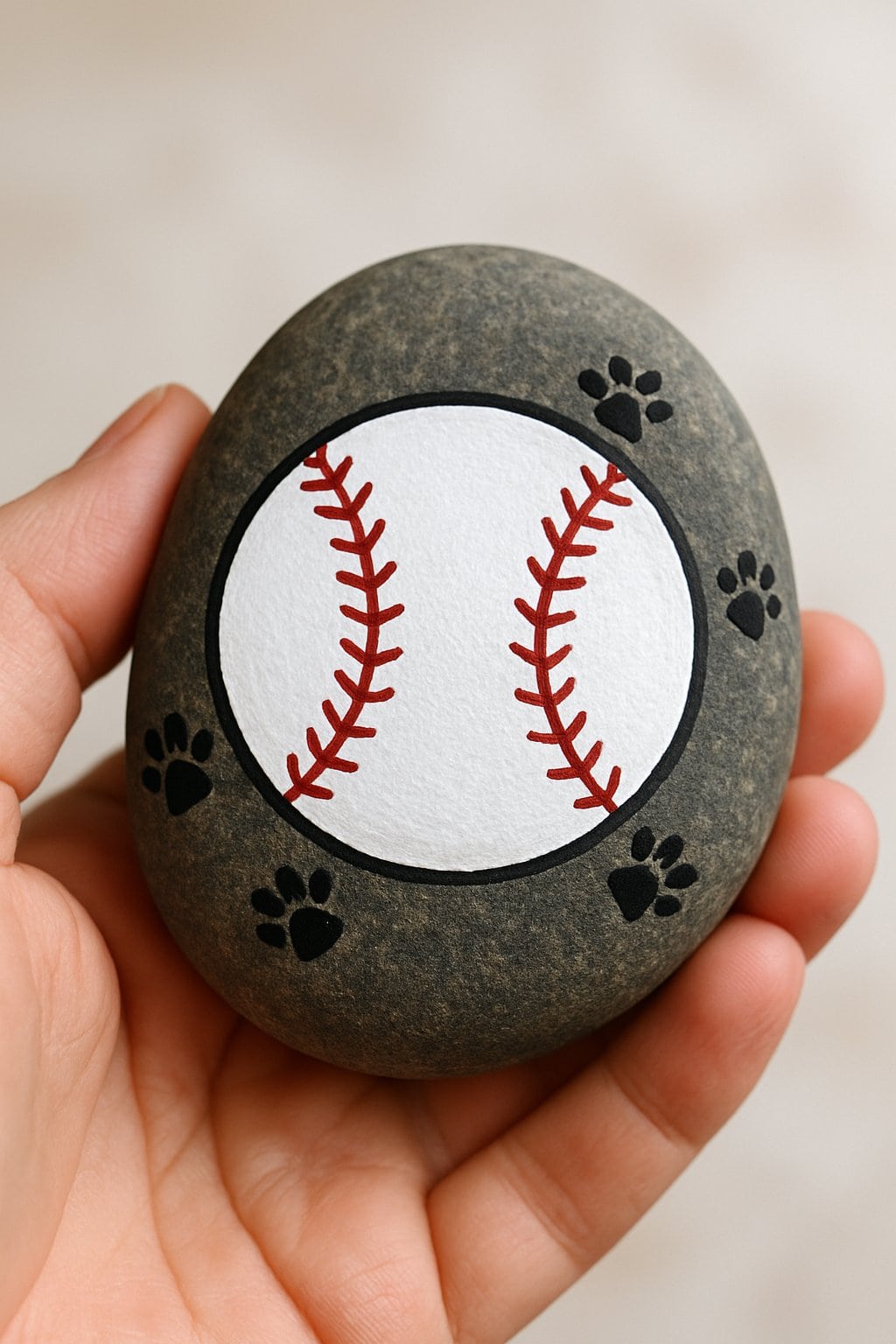 A hand holding a smooth river rock painted with a baseball and paw prints.
