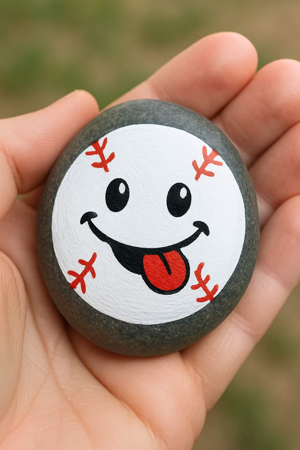 A hand holding a smooth river rock painted with a smiling baseball with its tongue out.