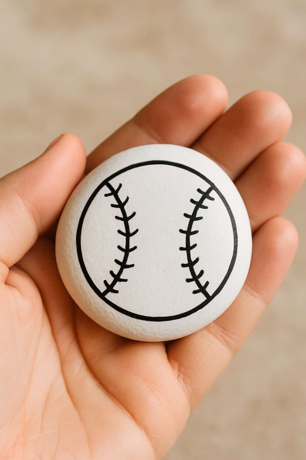 A hand holding a smooth river rock painted with a simple baseball outline.