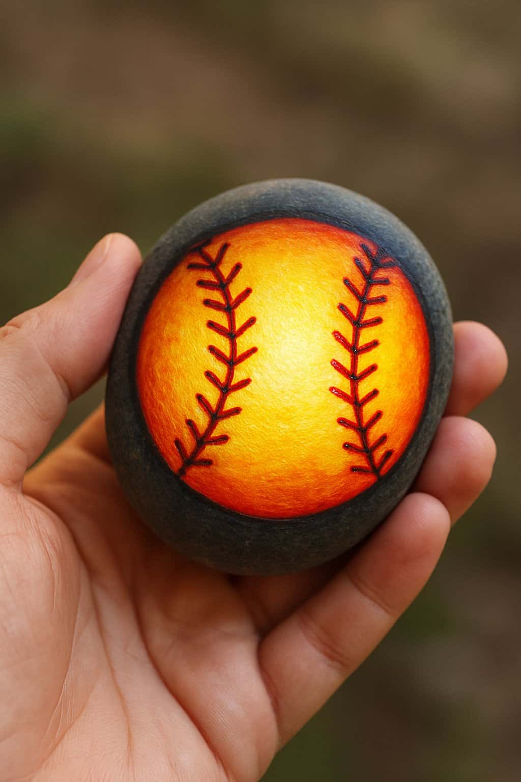 A hand holding a smooth painted rock with a glowing baseball design.