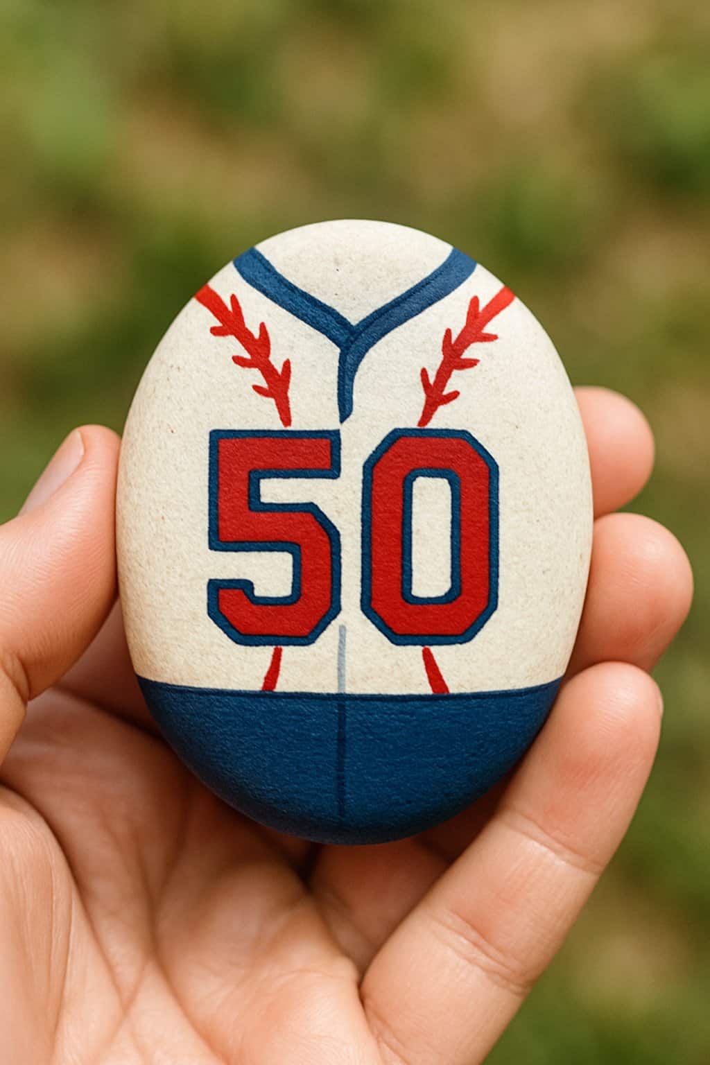 A hand holding a smooth river rock painted with a baseball-themed design featuring the number 50.