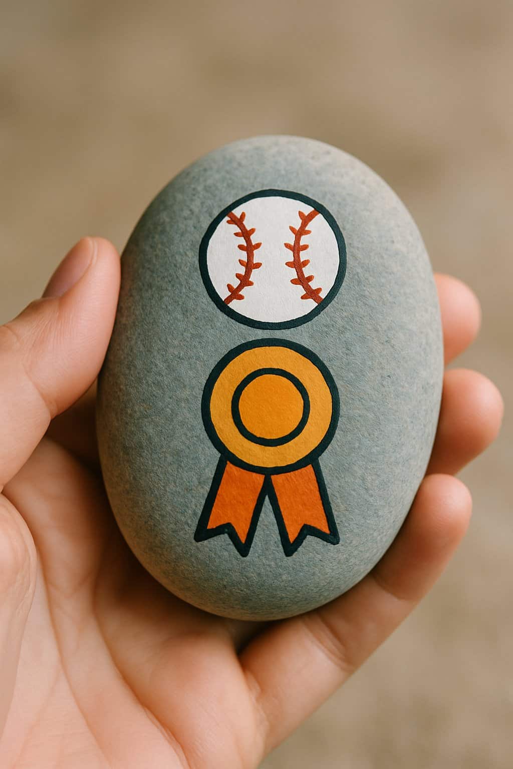A hand holding a smooth river rock painted with a baseball and award ribbon design.