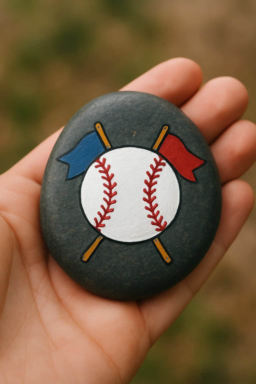 A hand holding a smooth river rock painted with a baseball and crossed flags design.