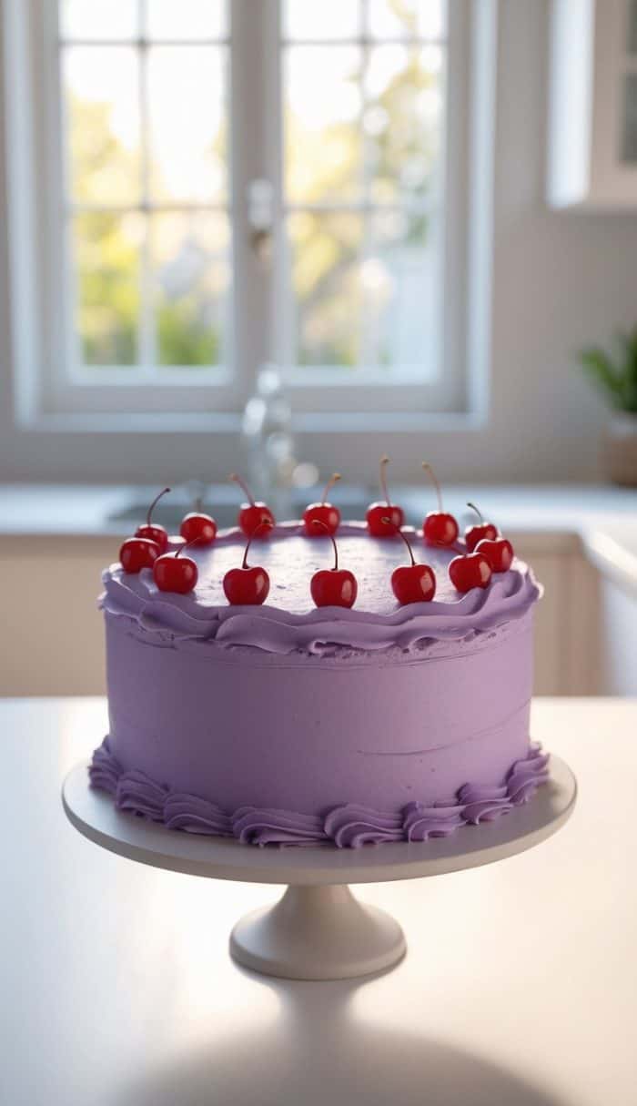 A round cake with smooth purple frosting and piped borders sits on a white cake stand, topped with a ring of red cherries. The cake is displayed in a bright kitchen with sunlight coming through a window.