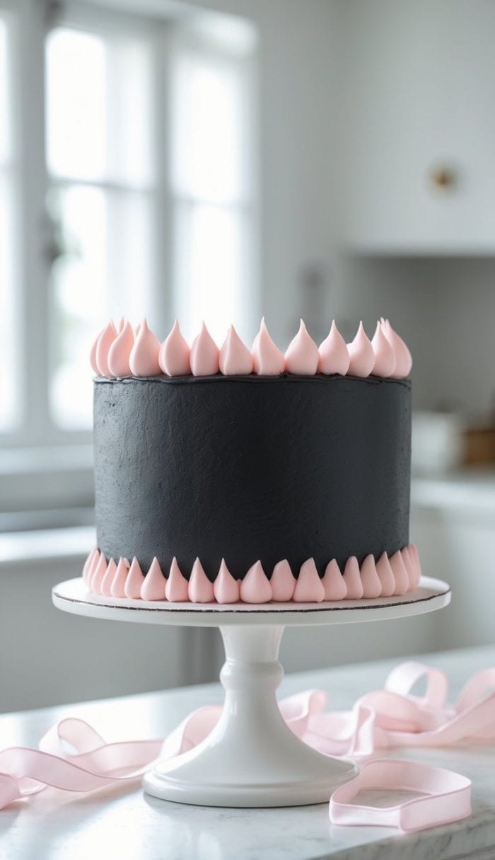 A round cake with smooth black icing is decorated with pale pink frosting dollops along the top and bottom edges, displayed on a white cake stand in a bright kitchen. Pink ribbon is draped on the counter.
