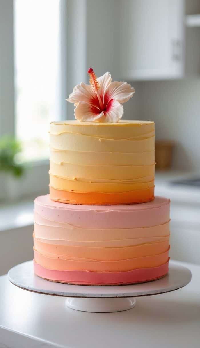 A two-tiered cake with smooth, ombre frosting in shades of pink, peach, and yellow, topped with a single hibiscus flower, displayed on a white cake stand in a bright kitchen.