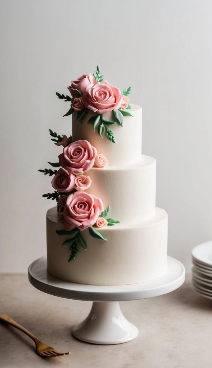 A three-tiered white cake decorated with pink and peach sugar roses and green leaves, displayed on a white cake stand beside a gold fork and stacked white plates.