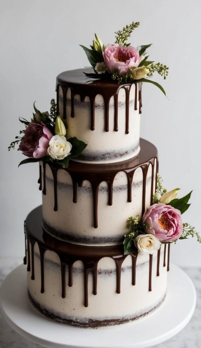 A three-tiered cake with white icing and chocolate drip, decorated with pink and white flowers and green leaves, sits on a white cake stand against a plain background.