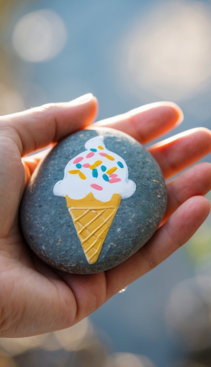 A hand holds a smooth gray stone painted with a colorful ice cream cone topped with white icing and multicolored sprinkles.