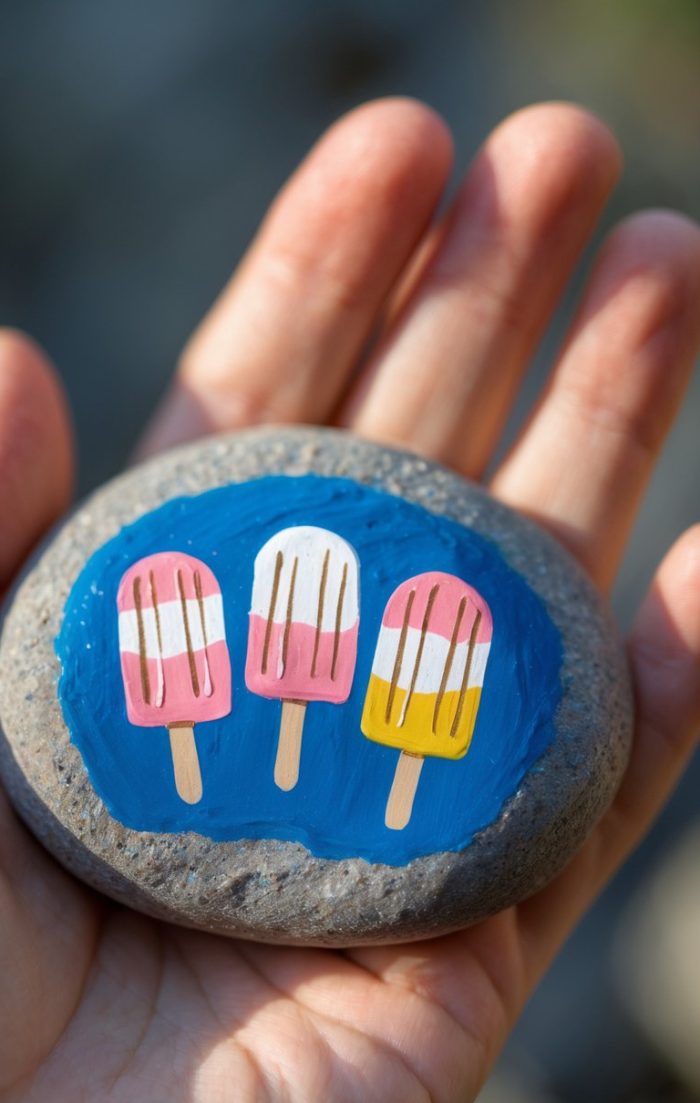 A hand holds a smooth stone painted with three colorful popsicles on a blue background. The popsicles are pink, white, and yellow with wooden sticks.