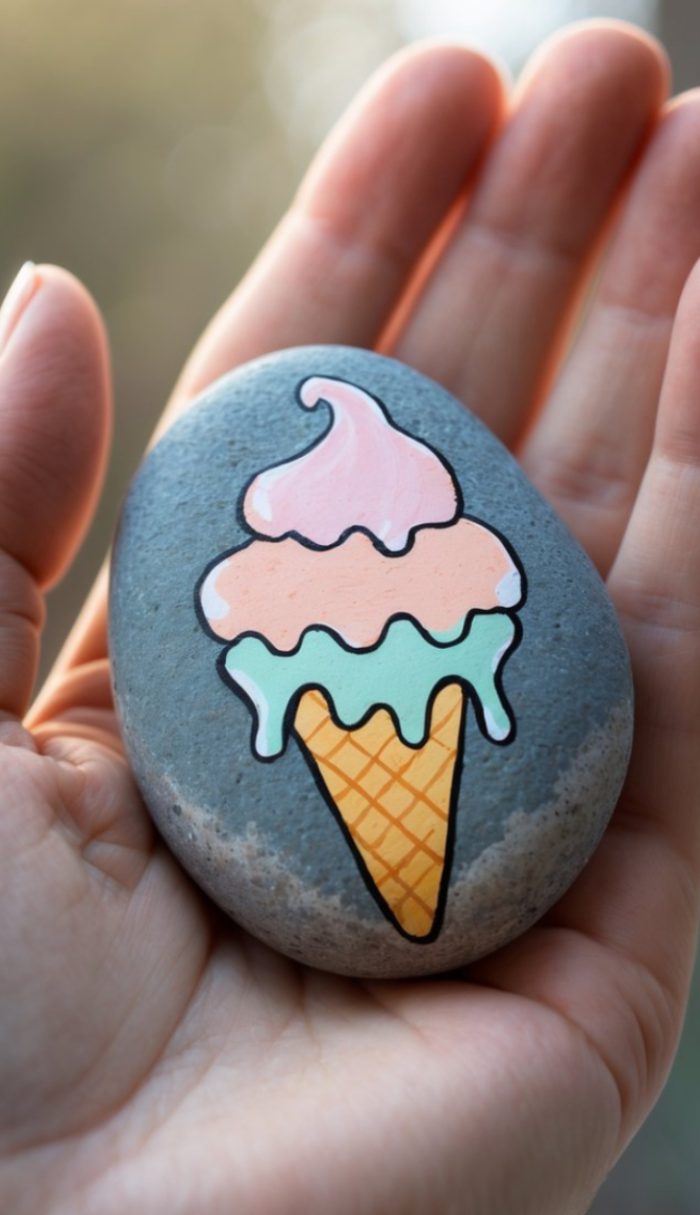 A person holds a smooth gray stone painted with a colorful ice cream cone topped with pink, white, and green scoops. The background is softly blurred.