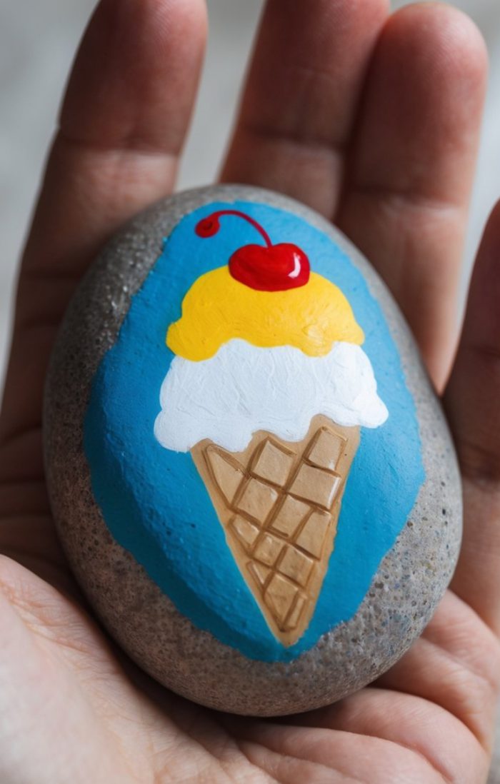 A hand holds a smooth stone painted with an ice cream cone featuring a waffle cone, white and yellow scoops, and a red cherry on top against a blue background.