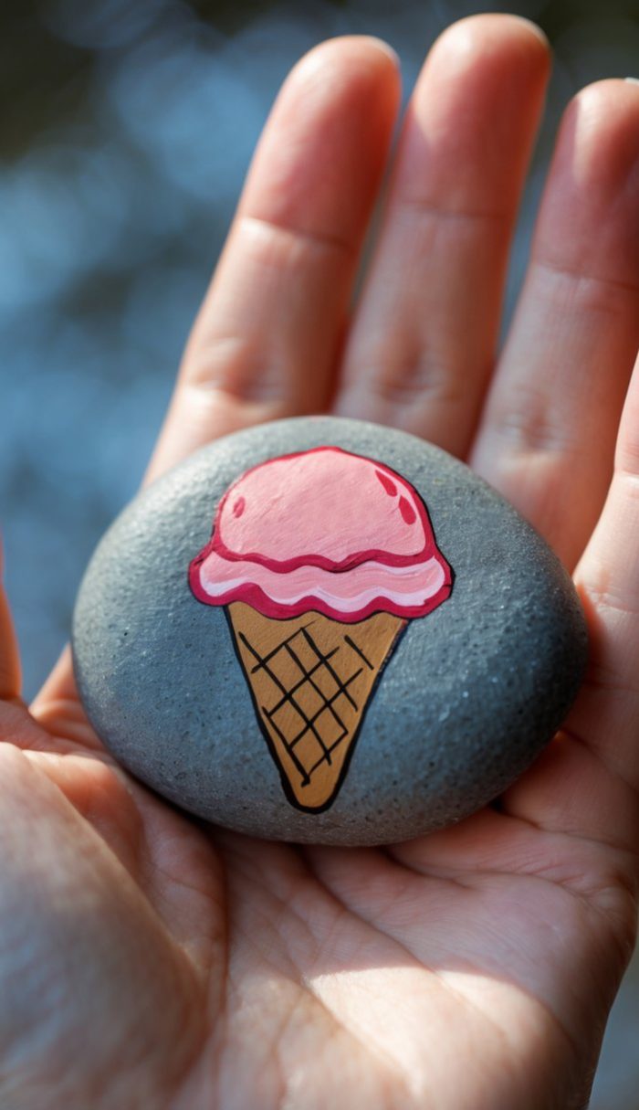 A hand holds a smooth gray stone painted with a pink ice cream cone design.