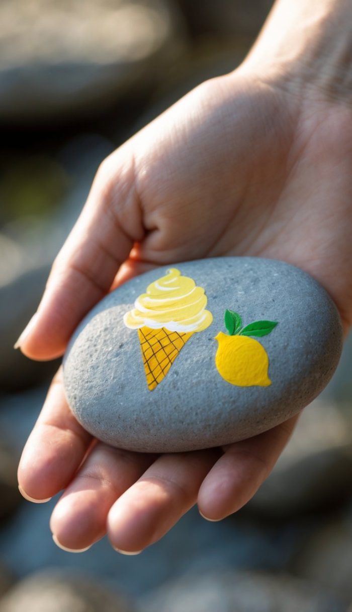A hand holds a smooth gray stone painted with a lemon, a yellow ice cream cone, and a green leaf against a blurred outdoor background.