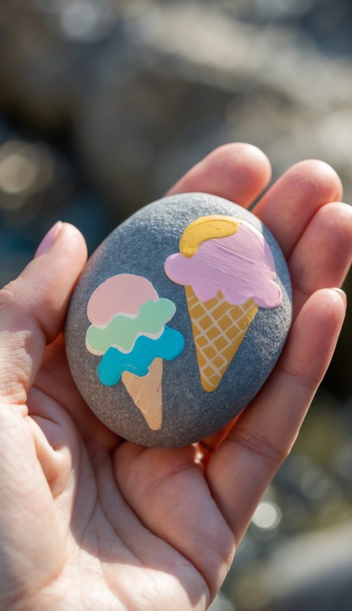 A hand holding a smooth gray stone painted with two colorful ice cream cones, one with three scoops and the other with two, against a blurred outdoor background.