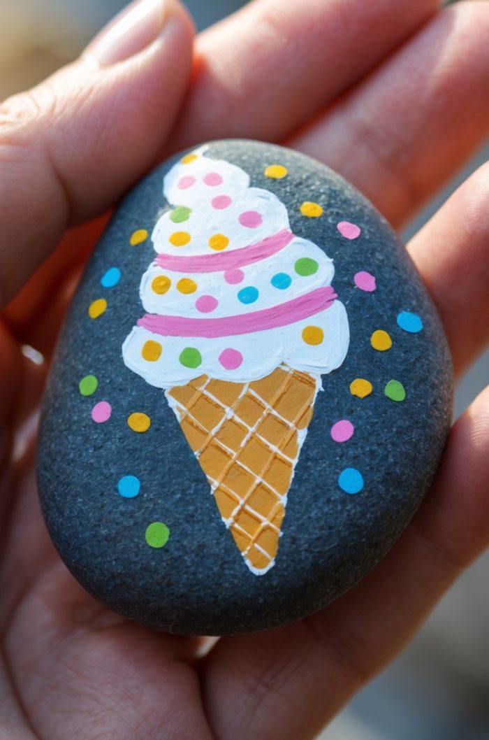 A hand holds a smooth, dark stone painted with a colorful ice cream cone topped with white swirled ice cream and multicolored dots, resembling sprinkles, with more dots surrounding the cone.