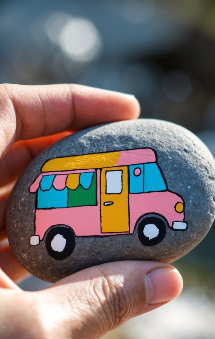 A hand holding a rock with a painted pink van.