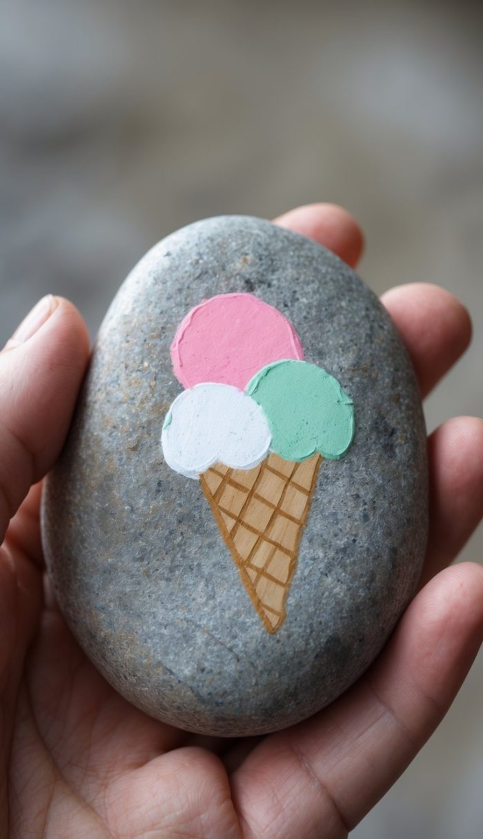 A hand holds a smooth gray stone painted with an ice cream cone topped with three scoops: pink, green, and white. The background is blurred.