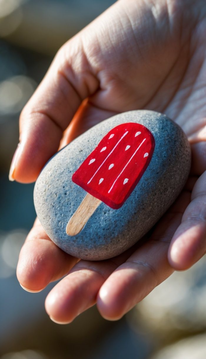 A hand holds a smooth gray stone with a colorful illustration of a red popsicle with white dots and a wooden stick painted on its surface.