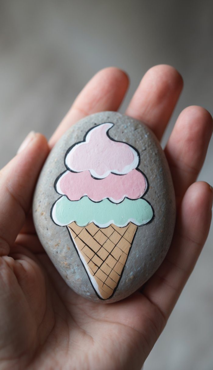 A hand holds a smooth gray stone with a colorful ice cream cone, featuring three scoops, painted on its surface. The ice cream scoops are pink, white, and light green.