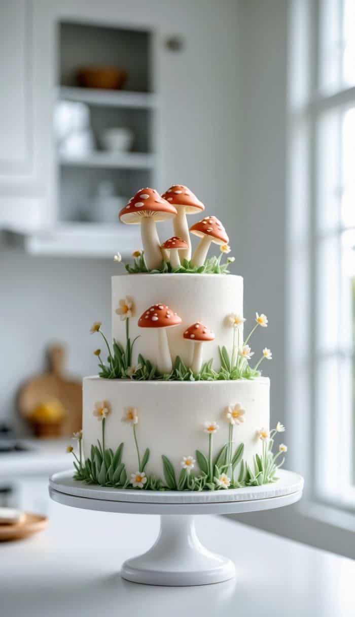 A two-tiered white cake decorated with edible red and white mushrooms, green grass, and small yellow flowers, displayed on a white cake stand in a bright kitchen.