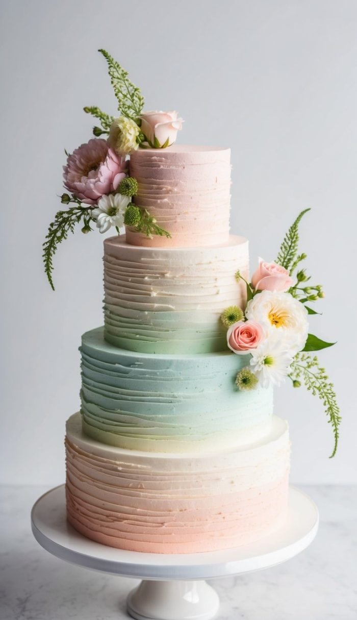 A three-tier pastel ombré cake decorated with fresh flowers, including roses and greenery, on a white cake stand against a light background. The frosting is textured with horizontal lines.