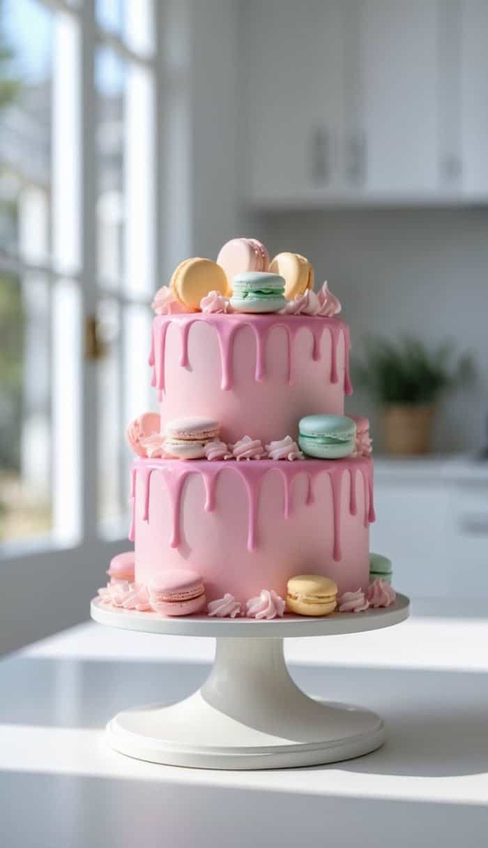 A two-tiered pink cake with pink icing drips, topped and decorated with pastel macarons and pink rosettes, sits on a white cake stand in a bright, modern kitchen.