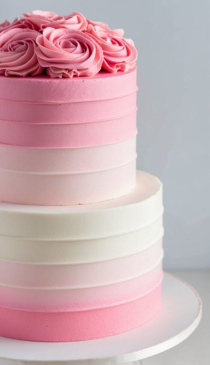 A two-tiered cake with smooth, gradient pink and white icing. The top tier is decorated with pink buttercream rose swirls. The cake sits on a white cake board against a light background.