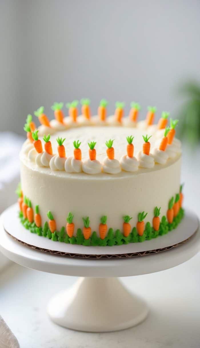 A round cake with smooth white frosting, decorated with small frosting carrots around the top edge and base, sits on a white cake stand.