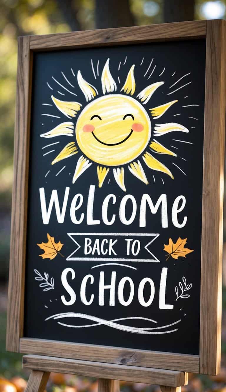 A wood framed chalkboard featuring a smiling sun illustration surrounded by autumn leaves and sunlight rays.