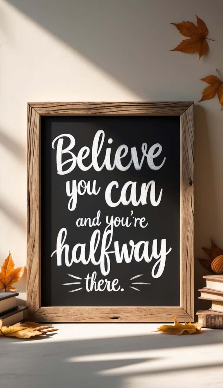 A wood-framed chalkboard sign with artistic chalk lettering surrounded by autumn leaves, pencils, and books on a warm surface.
