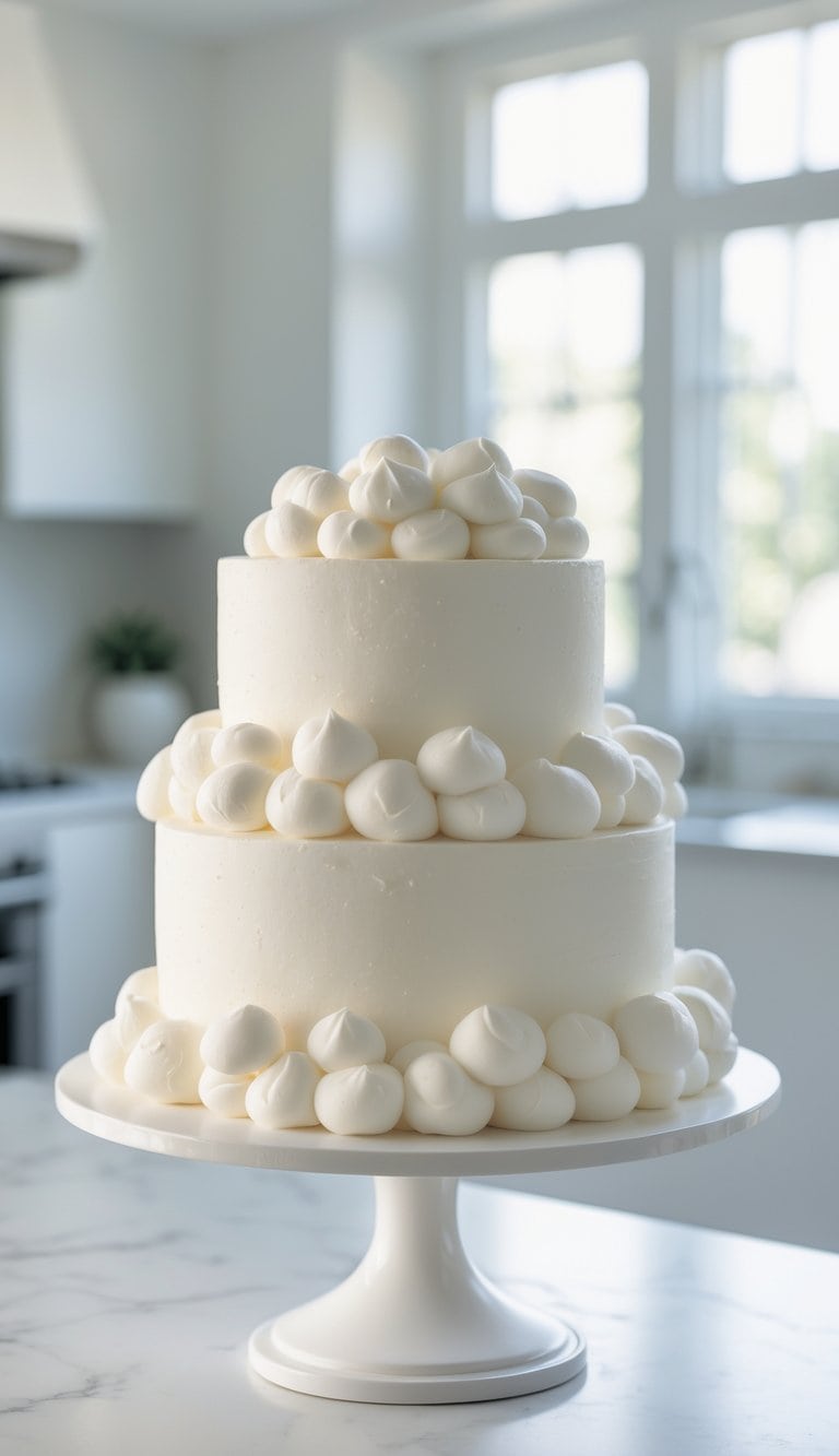 Two-tier cake with piped buttercream clouds on a white cake stand in a bright home kitchen.