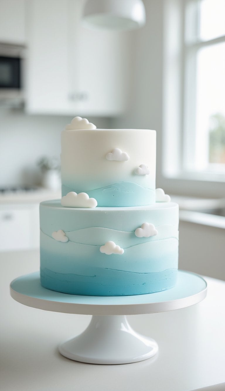 A two-tier cake with a soft blue and white gradient sits on a white cake stand on a clean surface in a bright kitchen.