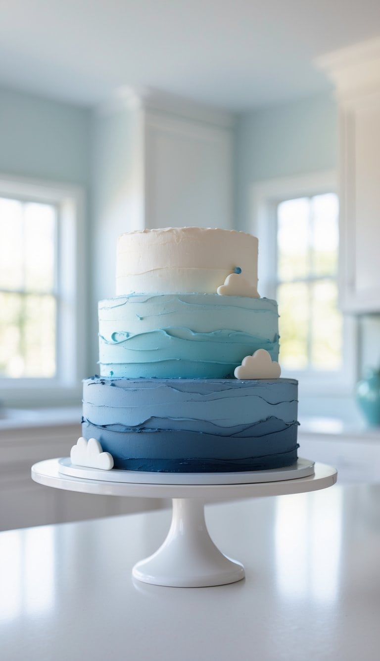 Two-tier blue ombre cake with white cloud decorations on a cake stand in a bright home kitchen.