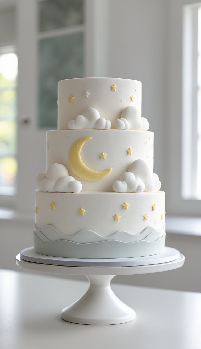 A two-tier cake decorated with piped fluffy clouds and fondant moon and stars on a white cake stand in a bright home kitchen.