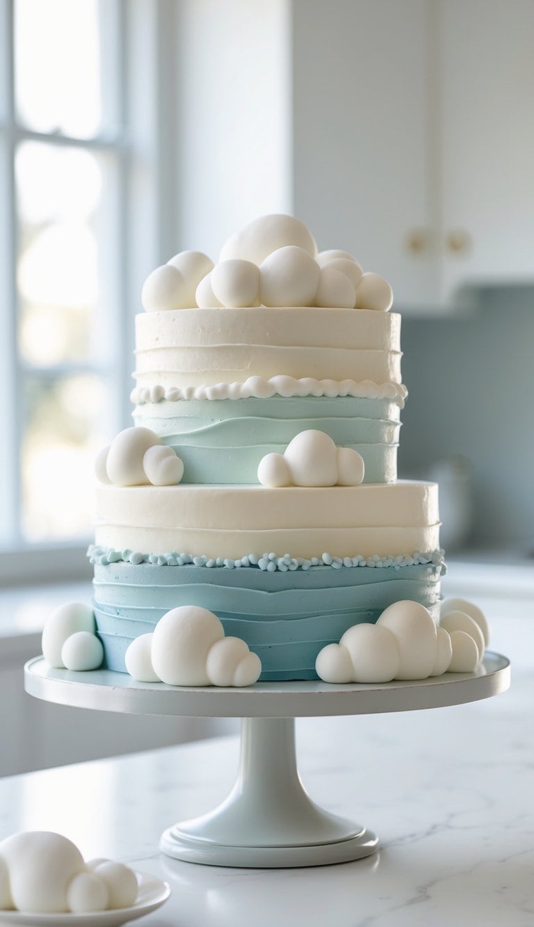 Two-tier cake with cloud-like frosting textures on a cake stand in a bright kitchen.